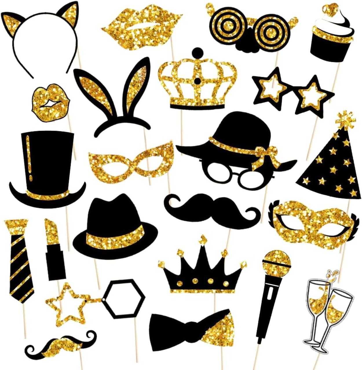 24 Pc Black & Gold Photo Booth Props – Birthday & Wedding Party Kit
